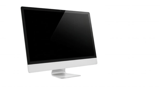 A sleek, silver desktop computer monitor with a blank, black screen isolated against a solid black background, angled view