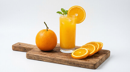 Obraz premium Fresh Orange Juice in Glass with Whole Orange and Slices on Wooden Board