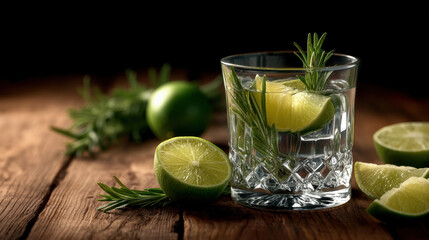 Fototapeta premium Glass of gin with lime wedge and rosemary on rustic wooden table, fresh citrus, aromatic herb, moody lighting, refreshing cocktail