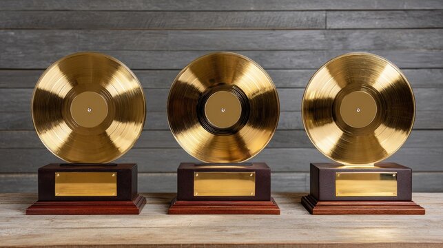 Three golden records with blank plaques sit on wooden pedestals against a wood plank background
