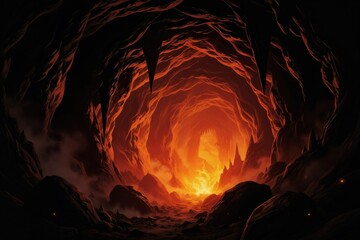 Obraz premium Dark cave tunnel leads to hellish underworld. Fiery abyss glows with infernal light. Rocks and smoke fill the cavern path. Journey into darkness or explore subterranean mystery.