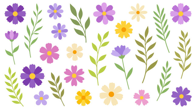 Watercolor floral pattern featuring purple, pink, and yellow flowers with green stems on a white background