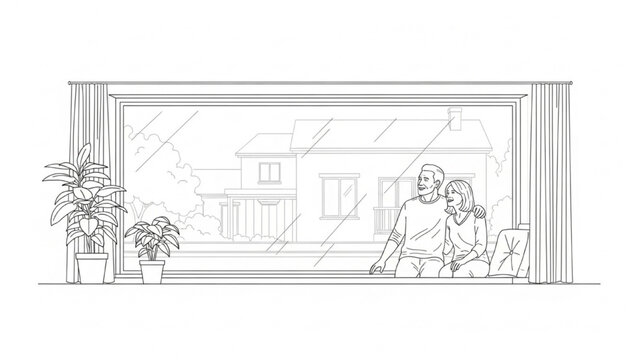 Family sitting on couch looking out 2D CAD window at house