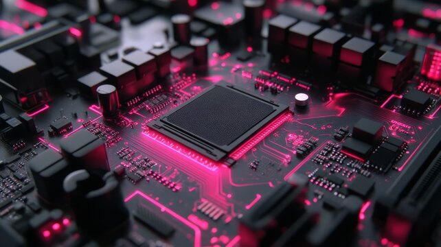 High tech computer motherboard featuring intense red glowing circuitry elements and processor chipset detail.
