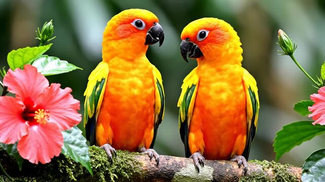 Pair of Sun Conure parrots featuring bright orange, yellow, and green plumage perching on a mossy branch next to pink hibiscus blooms in a tropical jungle setting.