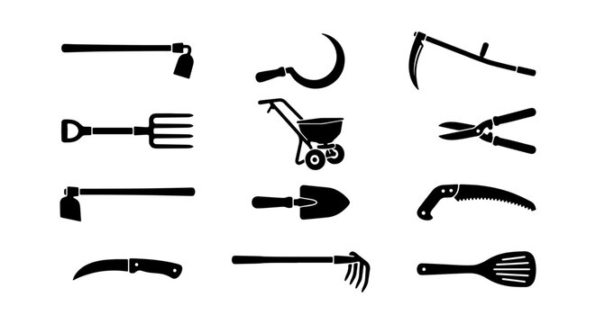 Gardening Tools Vector Icons Set, Agricultural Equipment Collection, Farm Implements Silhouette Graphics, Garden Maintenance Supplies