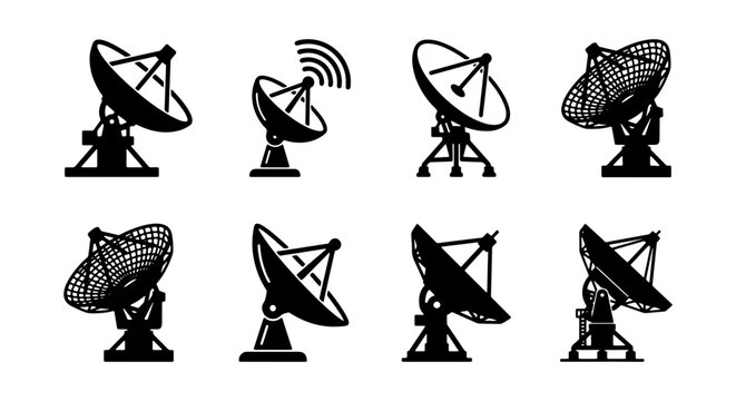 Satellite Dish Icons Set, Communication Antenna Symbols, Radar Receiver Graphics, Signal Transmission Vector Collection