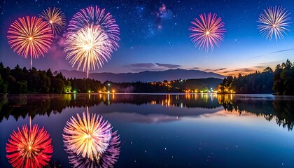 Fototapeta premium Fireworks exploding over serene lake at night.