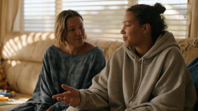 Social worker seated beside an overwhelmed single mother in a modest apartment living room, gently redirecting an escalating conversation with a steady hand gesture, afternoon light through venetian