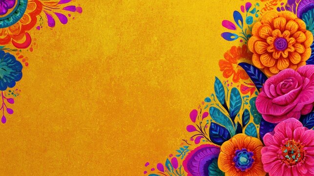 Vibrant floral border design with bright colors on a textured yellow background