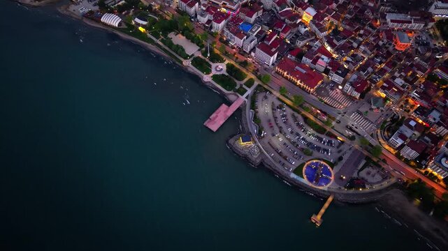 Stunning Sunset Horizon Over the Coast, Aerial Bird's Eye View of Sea and Shore, High Frame Rate