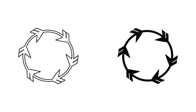 Circular arrows rotation cycle icon in outline and solid black vector styles for process flow diagramming
