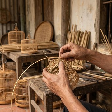 hands using a thin bamboo sliver to weave an intricate, tiny birdcage (long chim ). Focus on the tension of the bamboo and the precise finger joints. Rustic workshop background. 1:1 ratio..