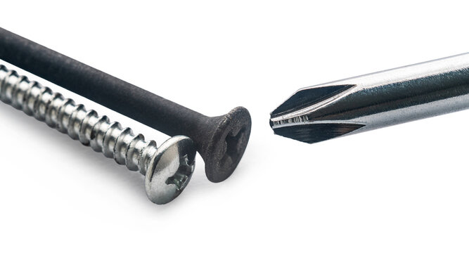 Construction screws and screwdriver on white isolated background