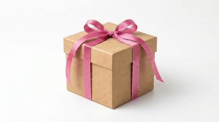 Obraz premium Brown cardboard gift box with a pink ribbon isolated on white background