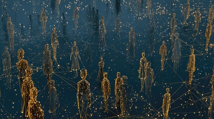 Naklejka premium Abstract network of glowing figures connected by gold lines, digital, cosmic