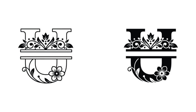 Decorative letter U monogram with floral elements and split design in outline and solid black for custom stationery and branding