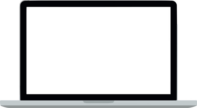 Modern silver laptop computer with a black screen bezel and keyboard trackpad, realistic vector illustration isolated on a white background, front view perspective for tech concepts.