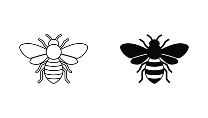 Honey bee icon set with detailed insect body in linear outline and solid black silhouette for nature and environmental graphic design isolated on white background perfect for ecology and biology © Quantum