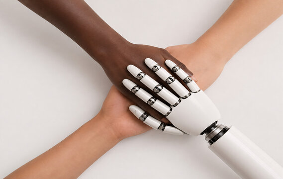 Diverse Human Hands and Robot Hand Stacked Together in Unity Symbolizing Global Cooperation Diversity and Artificial Intelligence Integration