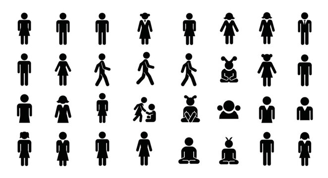 Black and white people icons set.