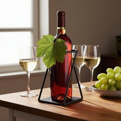 Naklejka premium Bottle of red wine rests in a modern black metal stand on a wooden table. Two glasses of white wine and green grapes sit nearby. The scene has soft natural light.