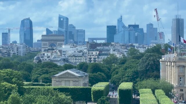 Arc de Triomphe and La D&eacute;fense modern skyscrapers seen from Louvre rooftop, Paris