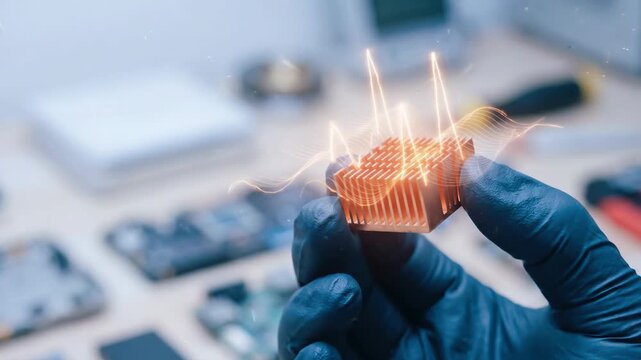 Thermal chip cooling heat sink management engineer hand laboratory spark technology concept glove copper heatsink microchip electronic circuit