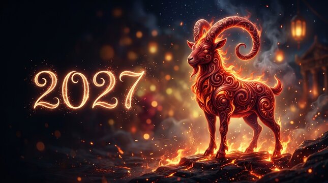 Fiery ornamental ram beside glowing 2027 numbers on volcanic rocks with lantern bokeh and sparks at night, concept of chinese zodiac new year magic
