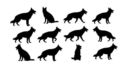 Obraz premium Dogs silhouette set with various poses and stances featuring black, sitting, standing with walking and running elements for animals, pets projects,