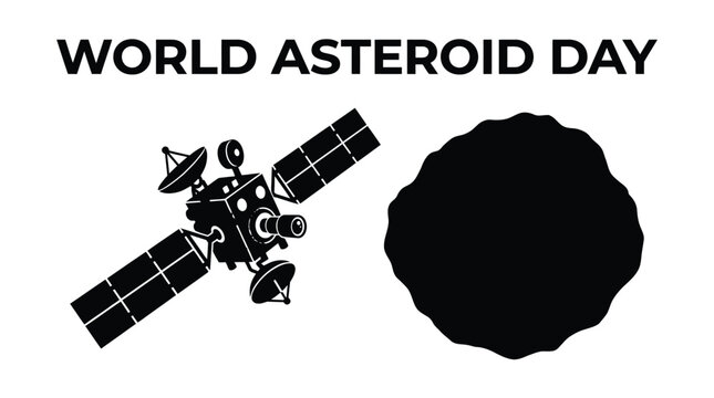 Black silhouette of a space satellite and a large asteroid for international world asteroid day event