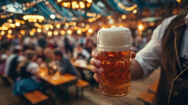 Closeup of a Bavarian waiter serving beer at a traditional autumn festival with dirndl and lederhosen