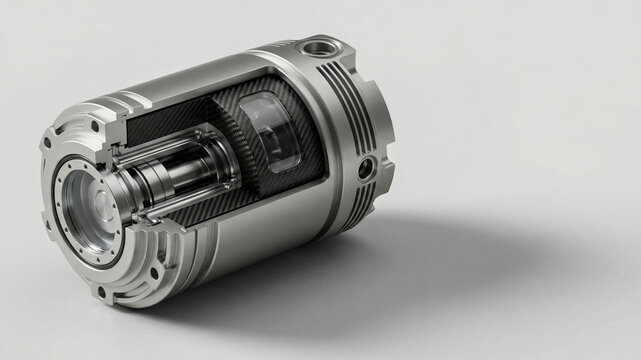 Metal cylinder casing with internal shaft and carbon fiber texture on light background with copy space