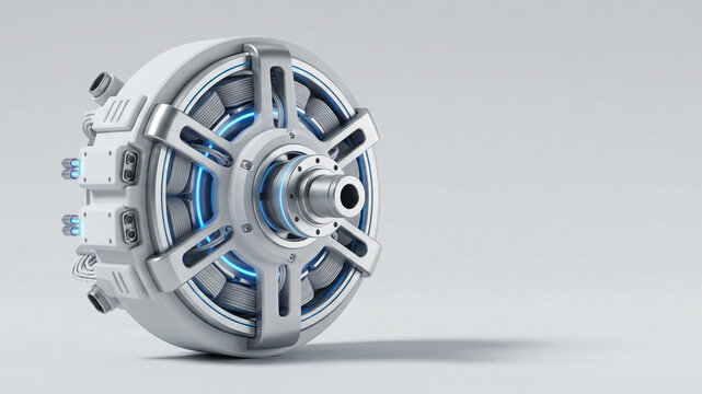 Circular machinery component with metal frame and blue light on light background with copy space