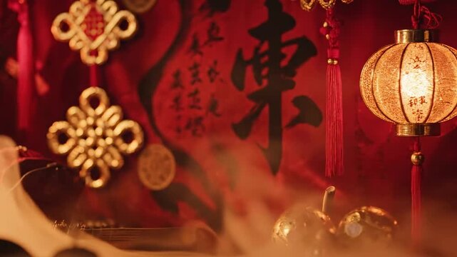 chinese new year background with warm lantern, red calligraphy scroll, gold hanging knot ornaments, tassels, lucky gourds and soft festive glow for premium holiday scene styling with glowing bokeh