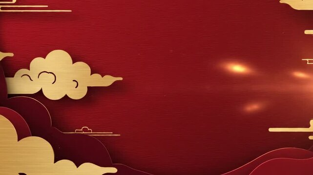 chinese new year background with minimalist red copy space, brushed gold cloud shapes, soft sun flare, layered paper waves and elegant premium festive banner layout with clean copy area design