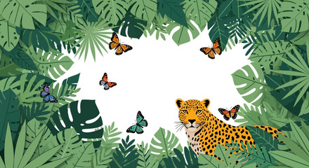 Fototapeta premium Leopard resting in lush jungle surrounded by colorful butterflies