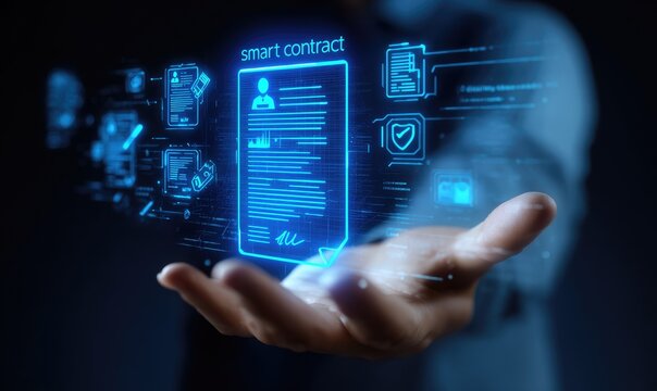 Digital contract with holographic icons projected from an open palm