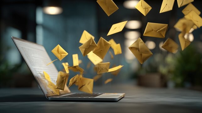 Golden envelopes fly from an open laptop screen, symbolizing digital communication