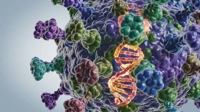 DNA virus molecule sequence with copy space on light background, cell model, genetic genome biology science concept