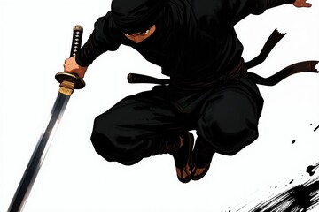 Naklejka premium Black clad ninja fighter leaps mid air holding katana sword. Dynamic action pose shows stealth and combat readiness. Japanese warrior skill and discipline. Fast attack motion concept.