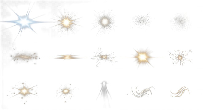Collection of various light effects including starbursts lens flares glowing particles and radiant beams isolated on a black background