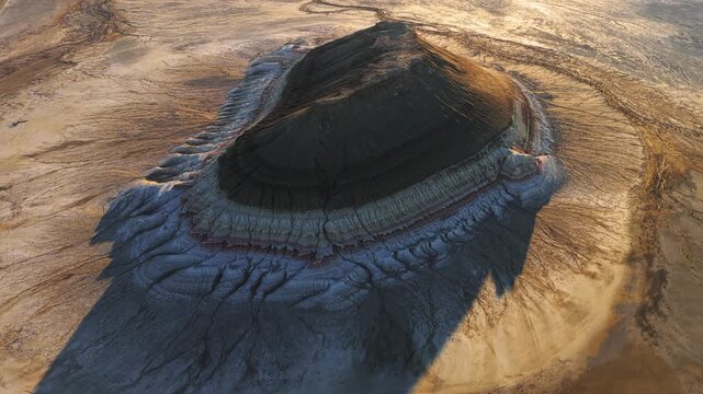 Aerial view of Gora Bokty mountain with its unique layered rock formations and eroded slopes under soft golden light in Karakiya District, Mangystau Region, Kazakhstan.