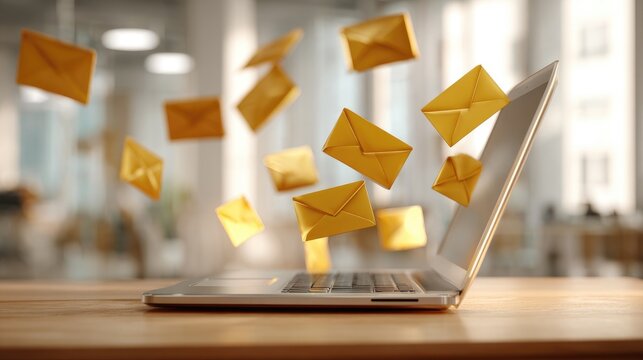 Many golden envelopes flying out of an open laptop (1)