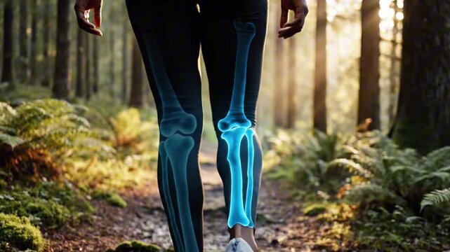 Back view leg knee walking forest nature path with glowing bone illustration on ankle joint and knee pain relief concept