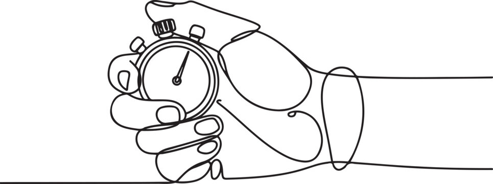 Continuous line drawing of a hand holding a stopwatch. Represents timing, sports events, and performance tracking.one line Art icon drawing vector