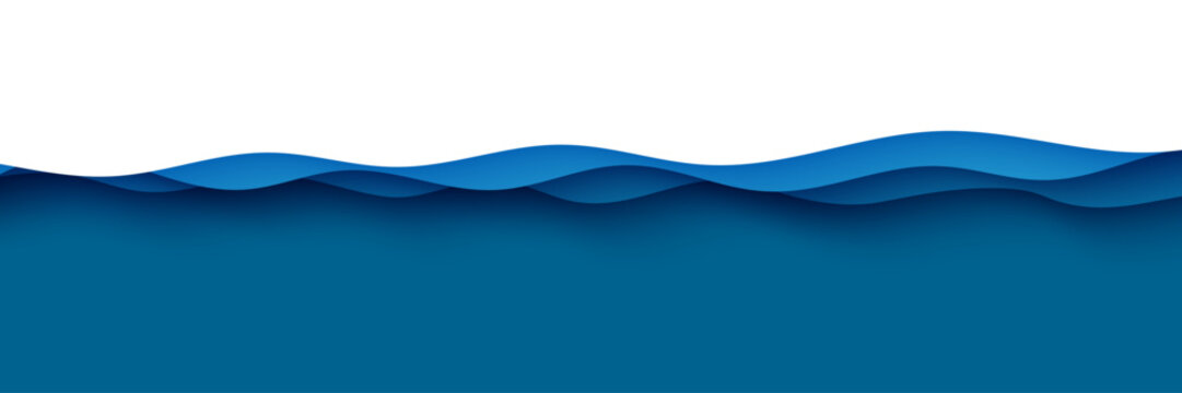 Deep horizontal waves rift cut out ocean floor. White and blue layers with smooth shadow papercut art. 3d abstract vector origami template. Wavy top border paper cut style view.