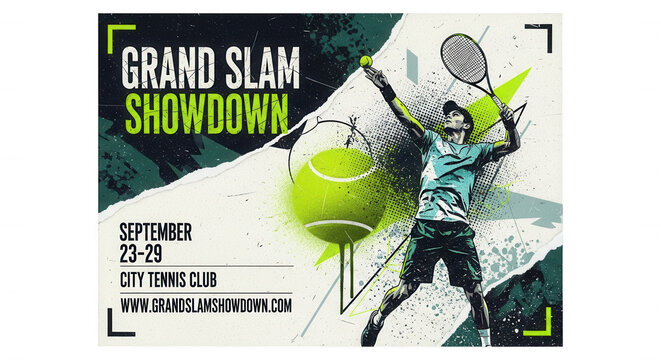 Grand Slam Showdown tennis tournament poster featuring a male player serving a ball with a racket on a grunge background with lime green accents