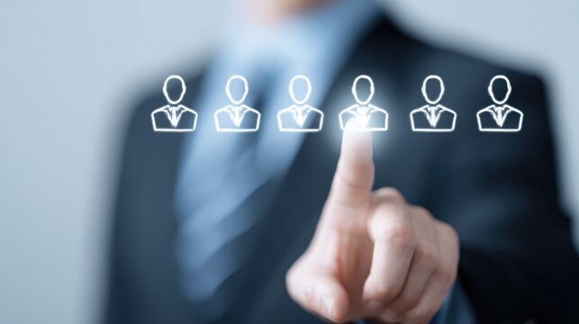 Businessman's finger selects a glowing icon from a row of people