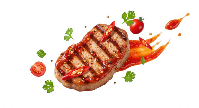 Grilled pork chop steak with char marks topped with red chili sauce and sliced chili peppers surrounded by cherry tomatoes and cilantro